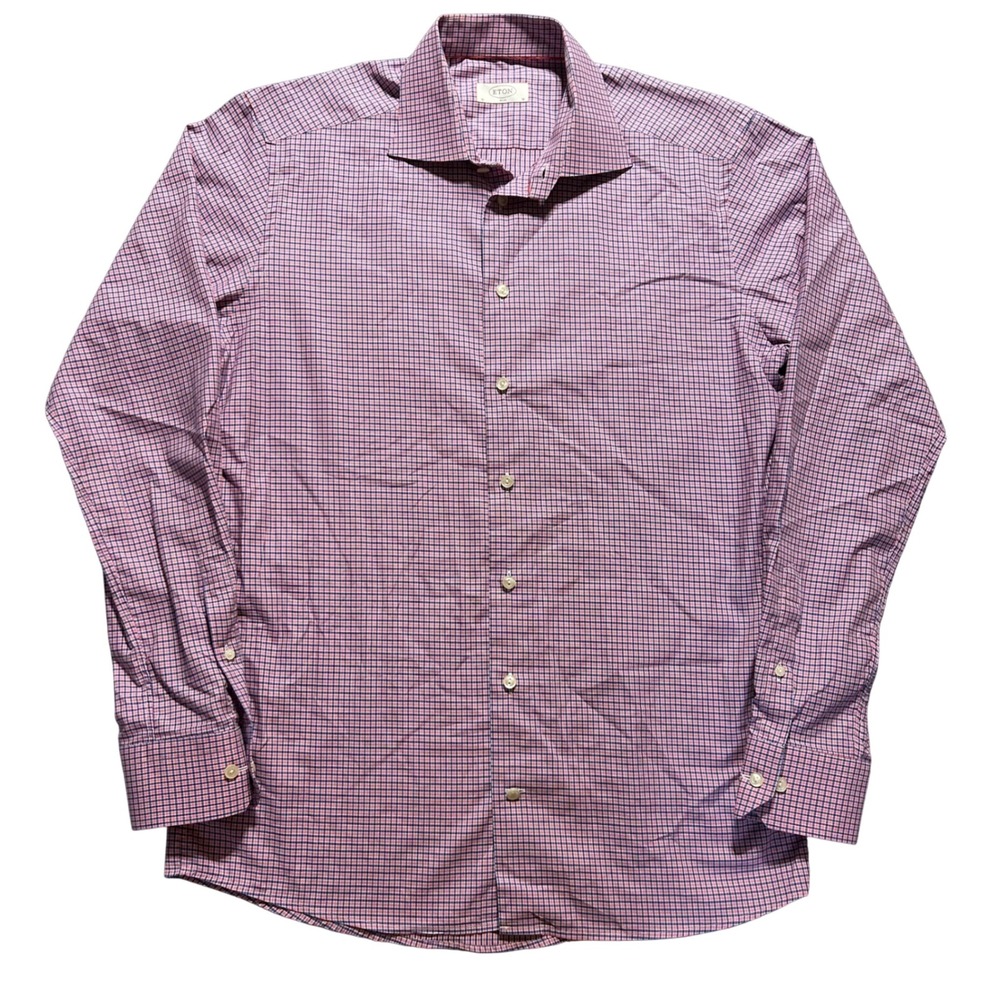 Eton Button Down Shirt Mens 16 41 Pink Blue Slim Fit Micro Check Long Sleeve